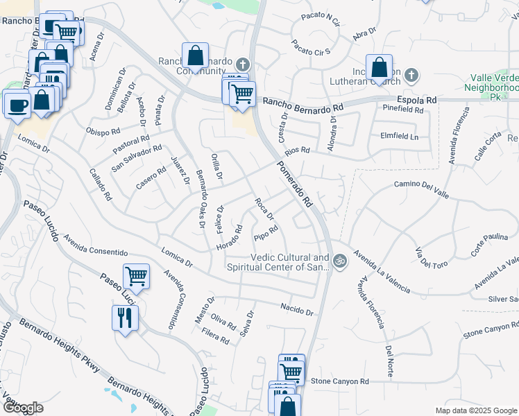map of restaurants, bars, coffee shops, grocery stores, and more near 16498 Roca Drive in San Diego