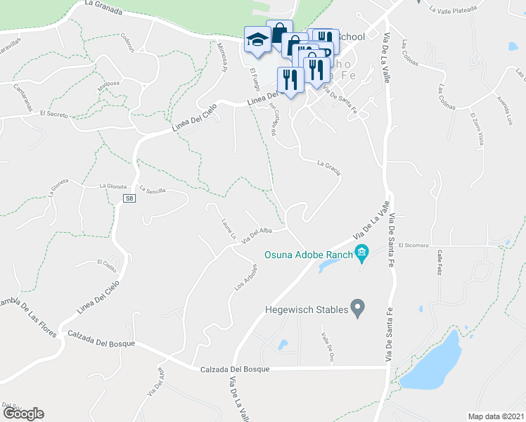 map of restaurants, bars, coffee shops, grocery stores, and more near 16360 Via Del Alba in Rancho Santa Fe