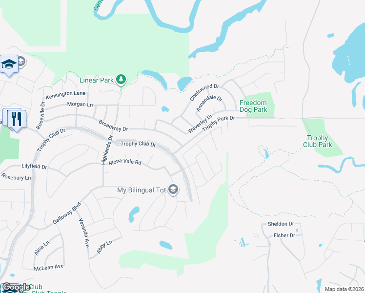 map of restaurants, bars, coffee shops, grocery stores, and more near 4200 Broadway Drive in Trophy Club