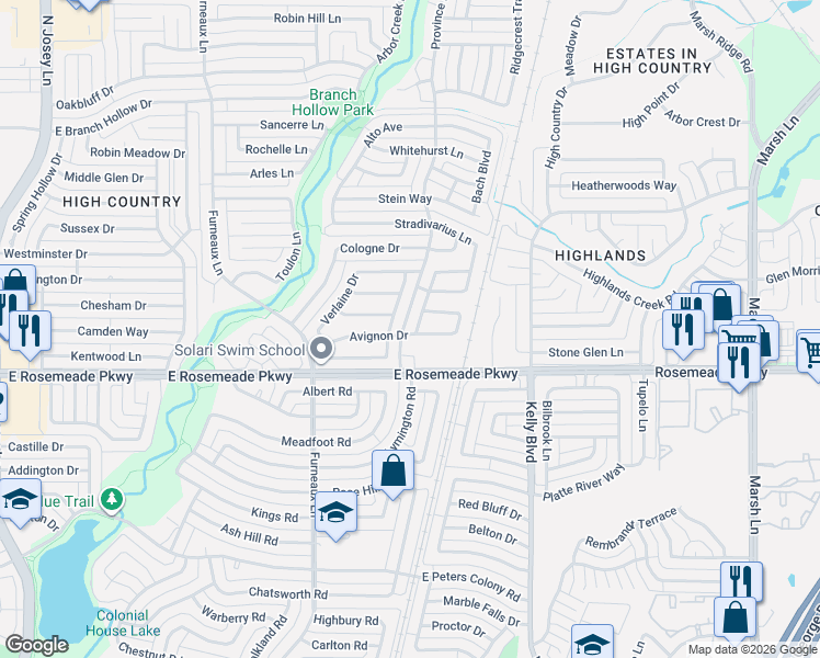 map of restaurants, bars, coffee shops, grocery stores, and more near 2102 Rose Cliff Lane in Carrollton