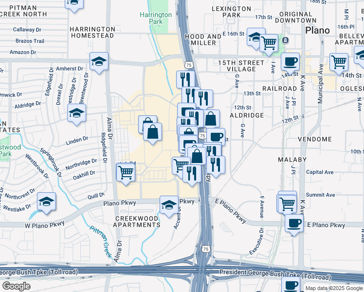 map of restaurants, bars, coffee shops, grocery stores, and more near Collin Creek Mall in Plano