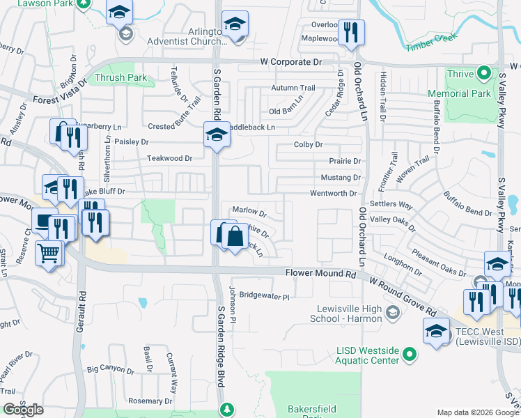 map of restaurants, bars, coffee shops, grocery stores, and more near 2012 Marlow Court in Flower Mound