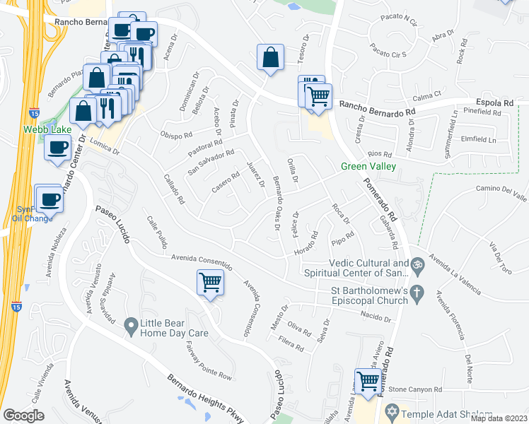 map of restaurants, bars, coffee shops, grocery stores, and more near 16470 Ramada Drive in San Diego
