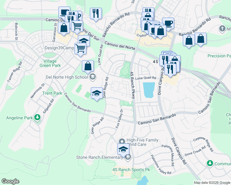 map of restaurants, bars, coffee shops, grocery stores, and more near 9955 Fieldthorn Street in San Diego