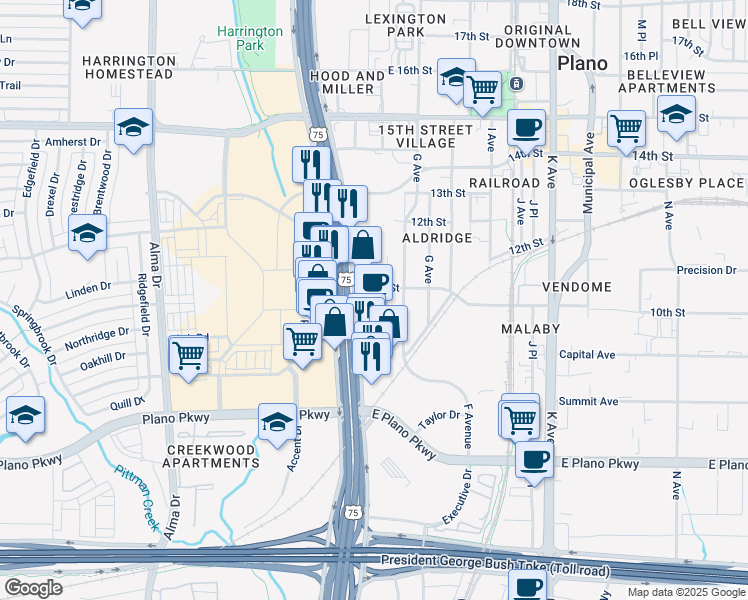 map of restaurants, bars, coffee shops, grocery stores, and more near 1000 North Central Expressway in Plano