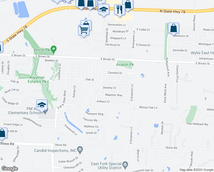 map of restaurants, bars, coffee shops, grocery stores, and more near 1107 Destiny Court in Wylie