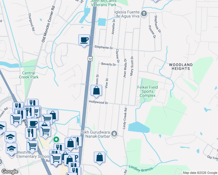 map of restaurants, bars, coffee shops, grocery stores, and more near 219 Vine Street in Goose Creek
