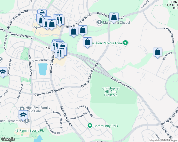 map of restaurants, bars, coffee shops, grocery stores, and more near 16861 Wren Haven Way in San Diego