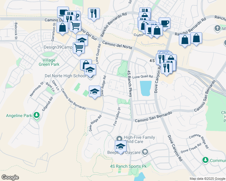 map of restaurants, bars, coffee shops, grocery stores, and more near 9955 Fieldthorn Street in San Diego