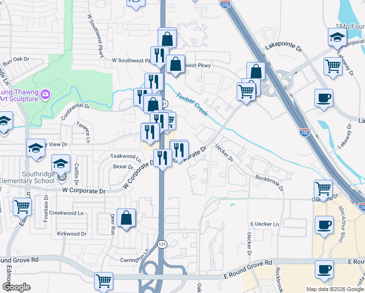 map of restaurants, bars, coffee shops, grocery stores, and more near 247 East Corporate Drive in Lewisville