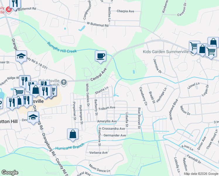 map of restaurants, bars, coffee shops, grocery stores, and more near 104 Guilford Drive in Summerville