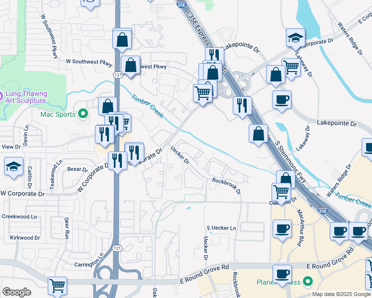 map of restaurants, bars, coffee shops, grocery stores, and more near 2190 South Uecker Drive in Lewisville