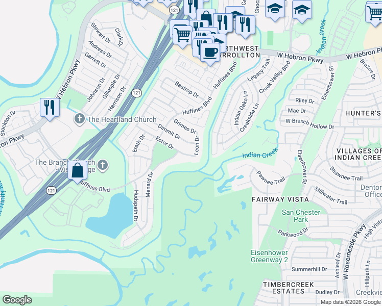 map of restaurants, bars, coffee shops, grocery stores, and more near 1405 Dimmit Drive in Carrollton