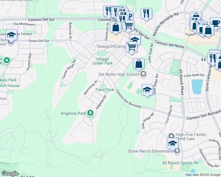 map of restaurants, bars, coffee shops, grocery stores, and more near 15904 Dyer Lane in San Diego