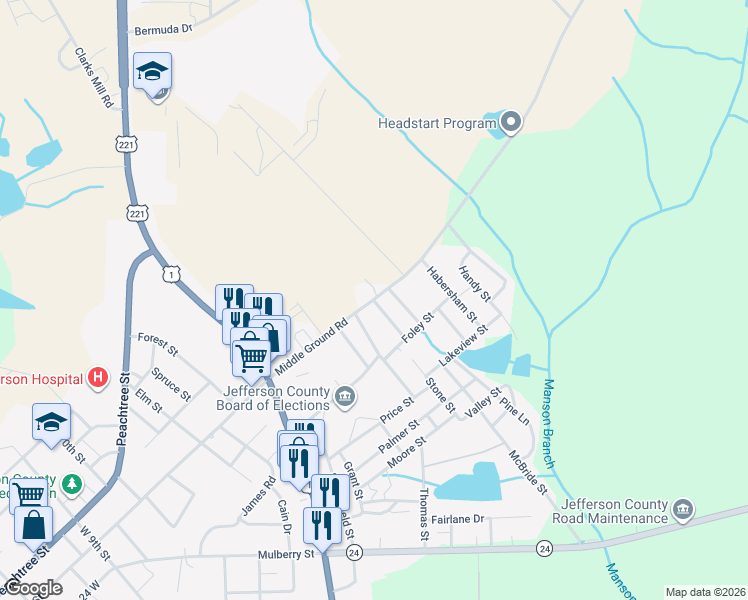 map of restaurants, bars, coffee shops, grocery stores, and more near 2348 Middle Ground Road in Louisville