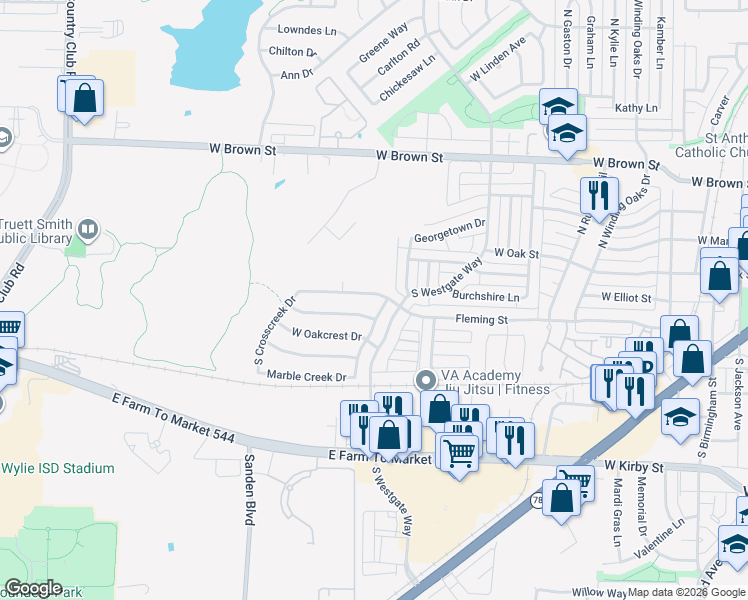 map of restaurants, bars, coffee shops, grocery stores, and more near 918 Fleming Street in Wylie