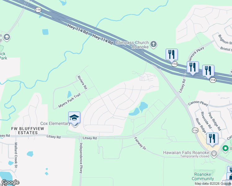map of restaurants, bars, coffee shops, grocery stores, and more near 1117 Highpoint Way in Roanoke