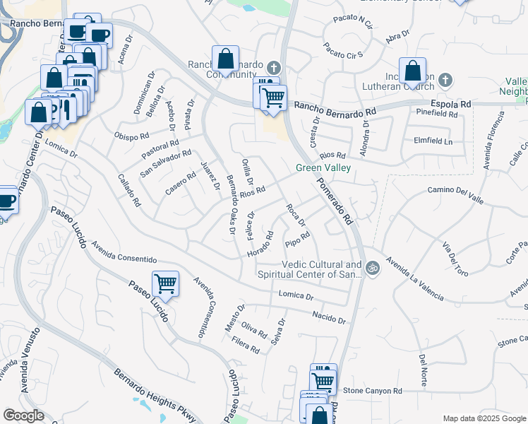 map of restaurants, bars, coffee shops, grocery stores, and more near 16543 Felice Drive in San Diego