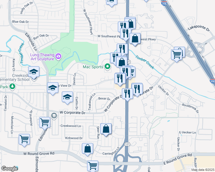 map of restaurants, bars, coffee shops, grocery stores, and more near 146 Valley View Drive in Lewisville