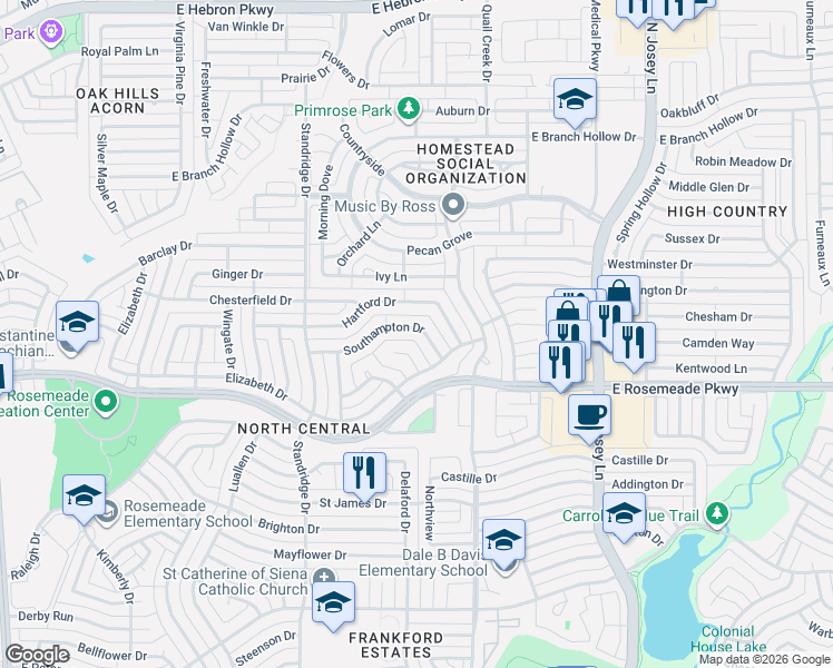 map of restaurants, bars, coffee shops, grocery stores, and more near 1724 Southampton Drive in Carrollton