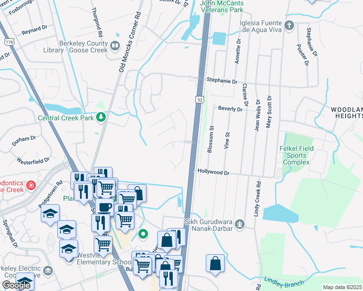 map of restaurants, bars, coffee shops, grocery stores, and more near 103 Colonial Drive in Goose Creek