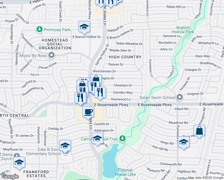 map of restaurants, bars, coffee shops, grocery stores, and more near 1922 Chesham Drive in Carrollton