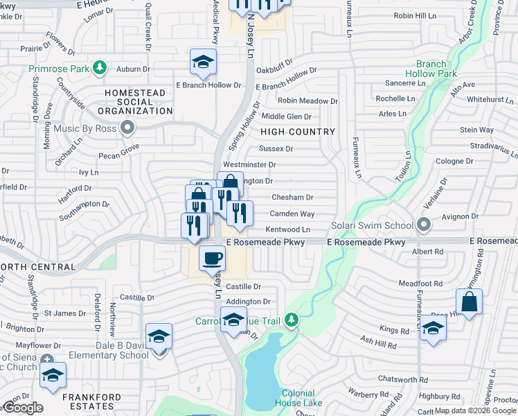 map of restaurants, bars, coffee shops, grocery stores, and more near 1910 Chesham Drive in Carrollton