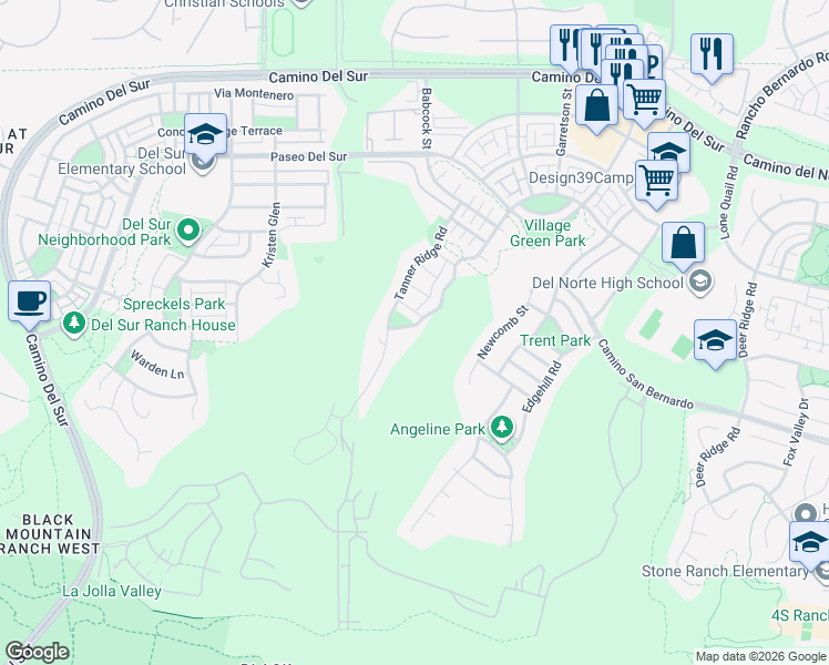 map of restaurants, bars, coffee shops, grocery stores, and more near 15585 Potomac Ridge Road in San Diego