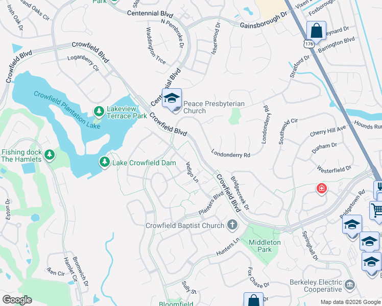 map of restaurants, bars, coffee shops, grocery stores, and more near 104 Norwich Court in Goose Creek