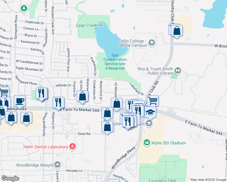 map of restaurants, bars, coffee shops, grocery stores, and more near 2200 Huntington Drive in Wylie