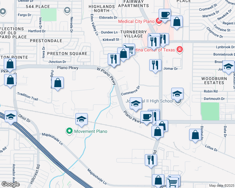 map of restaurants, bars, coffee shops, grocery stores, and more near 4116 West Plano Parkway in Plano