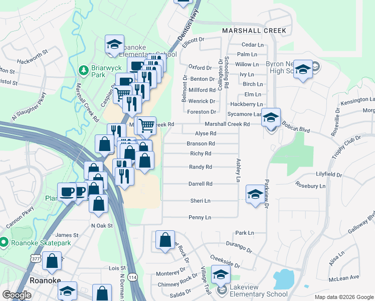map of restaurants, bars, coffee shops, grocery stores, and more near 313 Branson Road in Roanoke