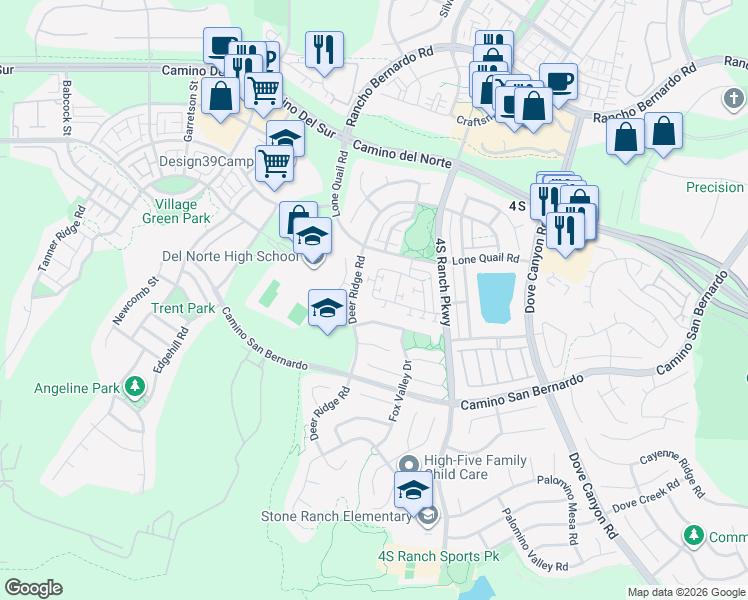 map of restaurants, bars, coffee shops, grocery stores, and more near 9939 Fieldthorn Street in San Diego