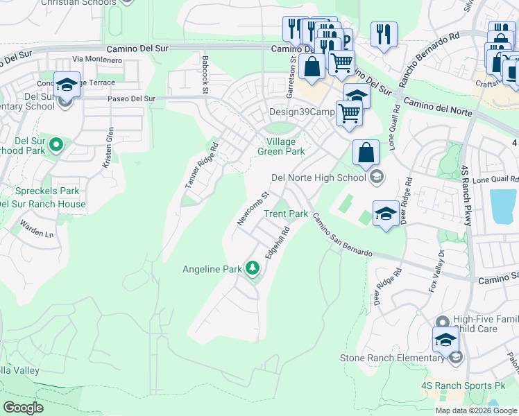 map of restaurants, bars, coffee shops, grocery stores, and more near 16555 Newcomb Street in San Diego