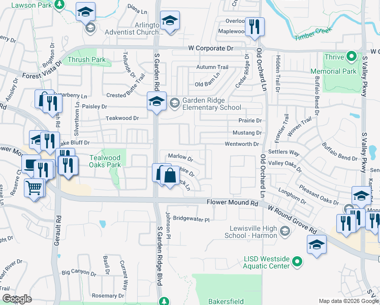 map of restaurants, bars, coffee shops, grocery stores, and more near 2012 Marlow Court in Flower Mound