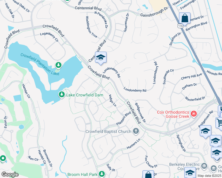 map of restaurants, bars, coffee shops, grocery stores, and more near 104 Norwich Court in Goose Creek