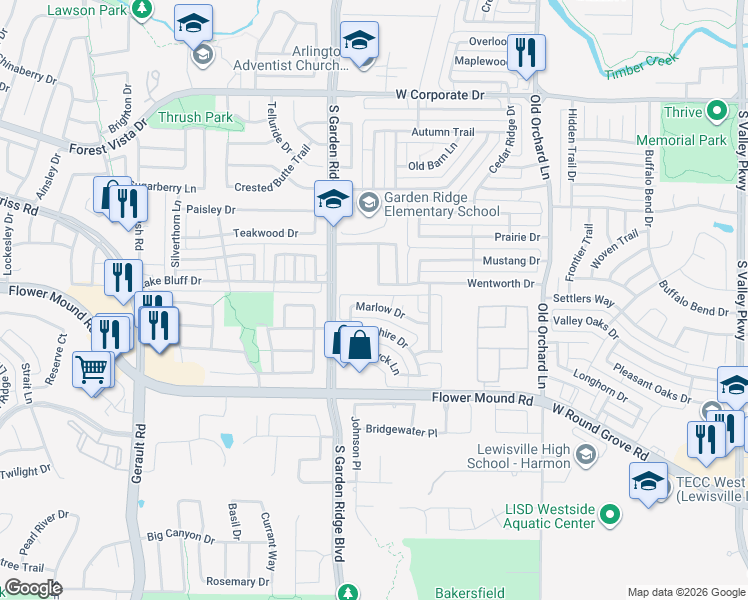 map of restaurants, bars, coffee shops, grocery stores, and more near 412 Marlow Drive in Flower Mound