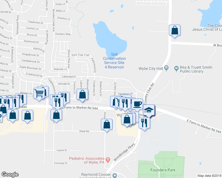 map of restaurants, bars, coffee shops, grocery stores, and more near 2200 Huntington Drive in Wylie