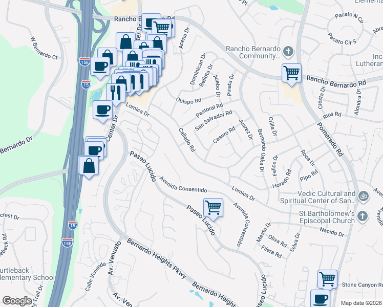 map of restaurants, bars, coffee shops, grocery stores, and more near 12093 Callado Road in San Diego