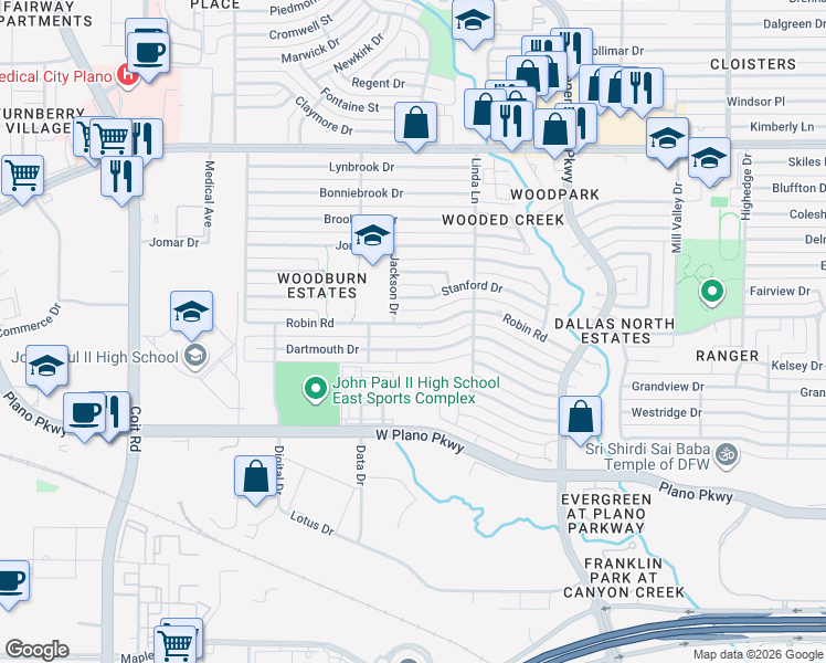 map of restaurants, bars, coffee shops, grocery stores, and more near 3208 Robin Road in Plano