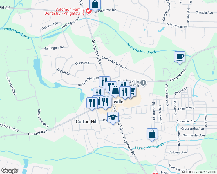 map of restaurants, bars, coffee shops, grocery stores, and more near 18 County Road S-18-22 in Summerville