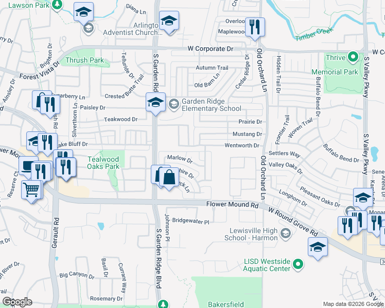 map of restaurants, bars, coffee shops, grocery stores, and more near 2012 Marlow Court in Flower Mound