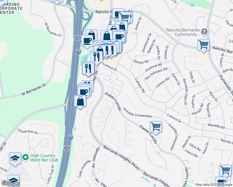 map of restaurants, bars, coffee shops, grocery stores, and more near 11820 Paseo Lucido in San Diego