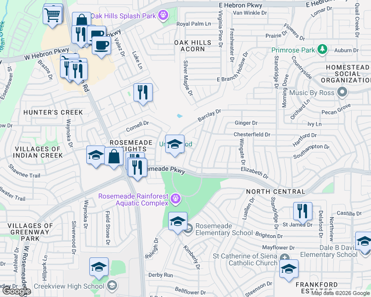 map of restaurants, bars, coffee shops, grocery stores, and more near 1305 Barclay Drive in Carrollton