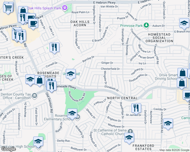 map of restaurants, bars, coffee shops, grocery stores, and more near 3714 Remington Drive in Carrollton