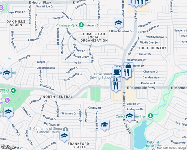 map of restaurants, bars, coffee shops, grocery stores, and more near 1755 Hartford Drive in Carrollton