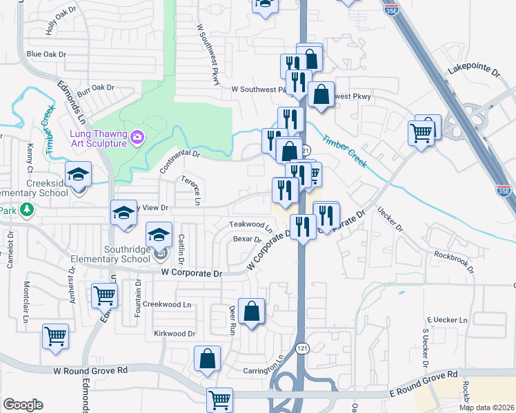 map of restaurants, bars, coffee shops, grocery stores, and more near 146 Valley View Drive in Lewisville