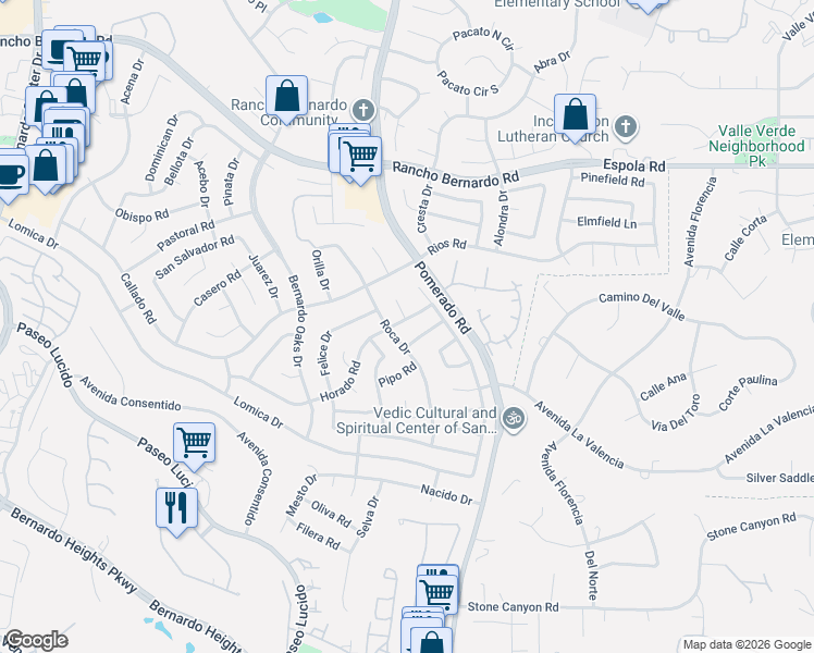 map of restaurants, bars, coffee shops, grocery stores, and more near 12535 Horado Road in San Diego
