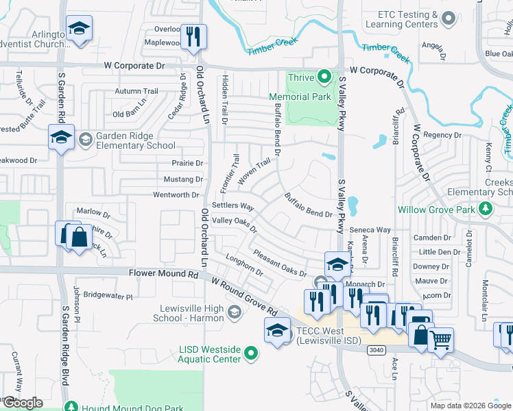 map of restaurants, bars, coffee shops, grocery stores, and more near 1205 Settlers Way in Lewisville