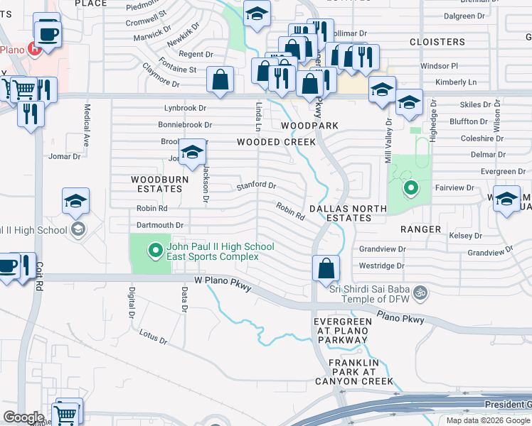 map of restaurants, bars, coffee shops, grocery stores, and more near 3021 Dartmouth Drive in Plano
